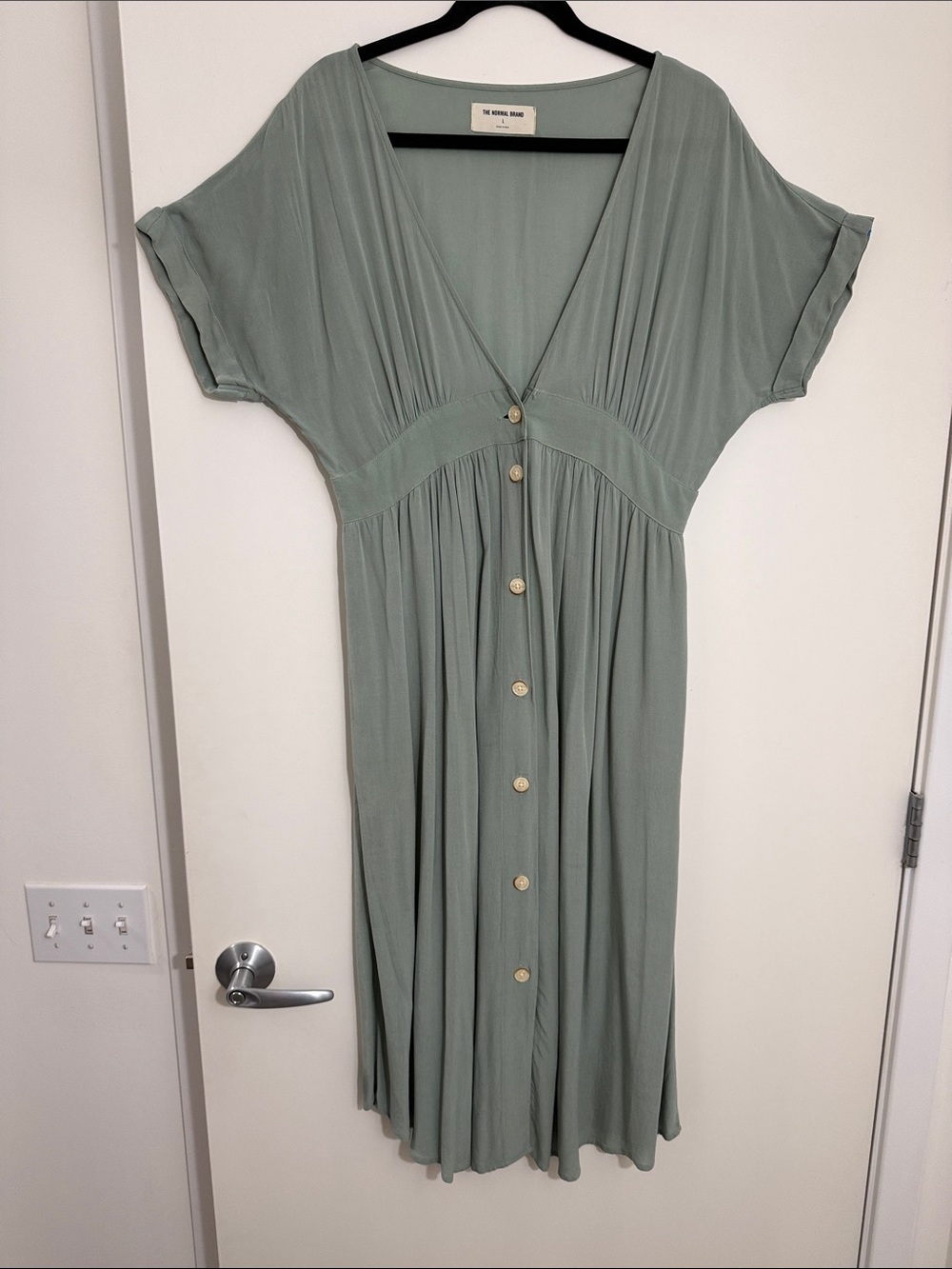 The Normal Brand Sage Green Button-Down Midi Summer Dress Deep V Button Thru